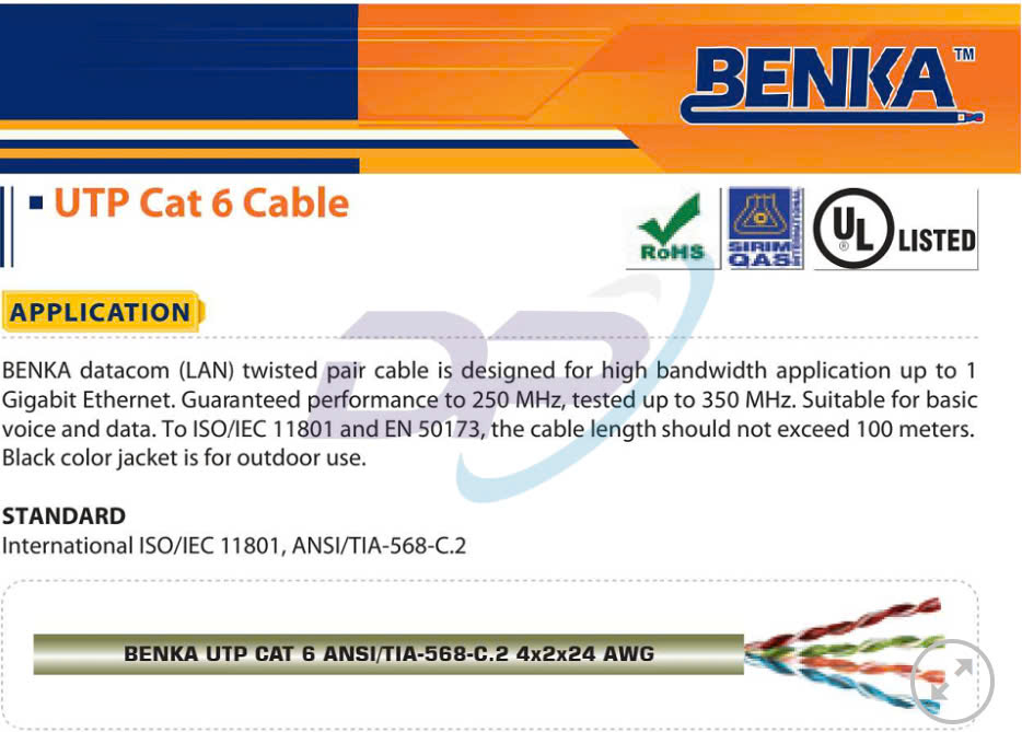 Benka Cáp Mạng U/UTP CAT.6 4×2×24AWG 313 4224C6 Benka Cáp Mạng U/UTP CAT.6 4×2×24AWG 313 4224C6