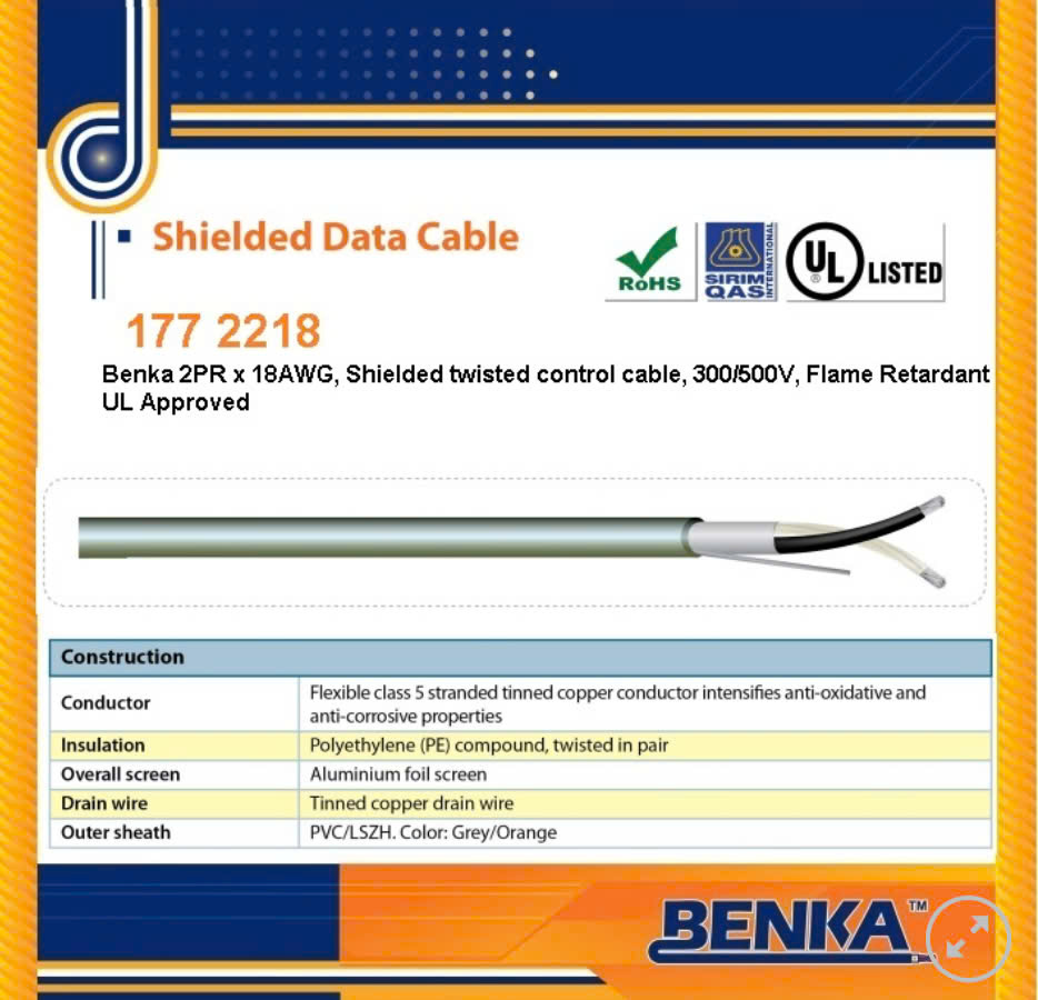 177 2218 Cáp báo cháy Benka 2PR x 18 AWG 177 2218 Cáp báo cháy Benka 2PR x 18 AWG