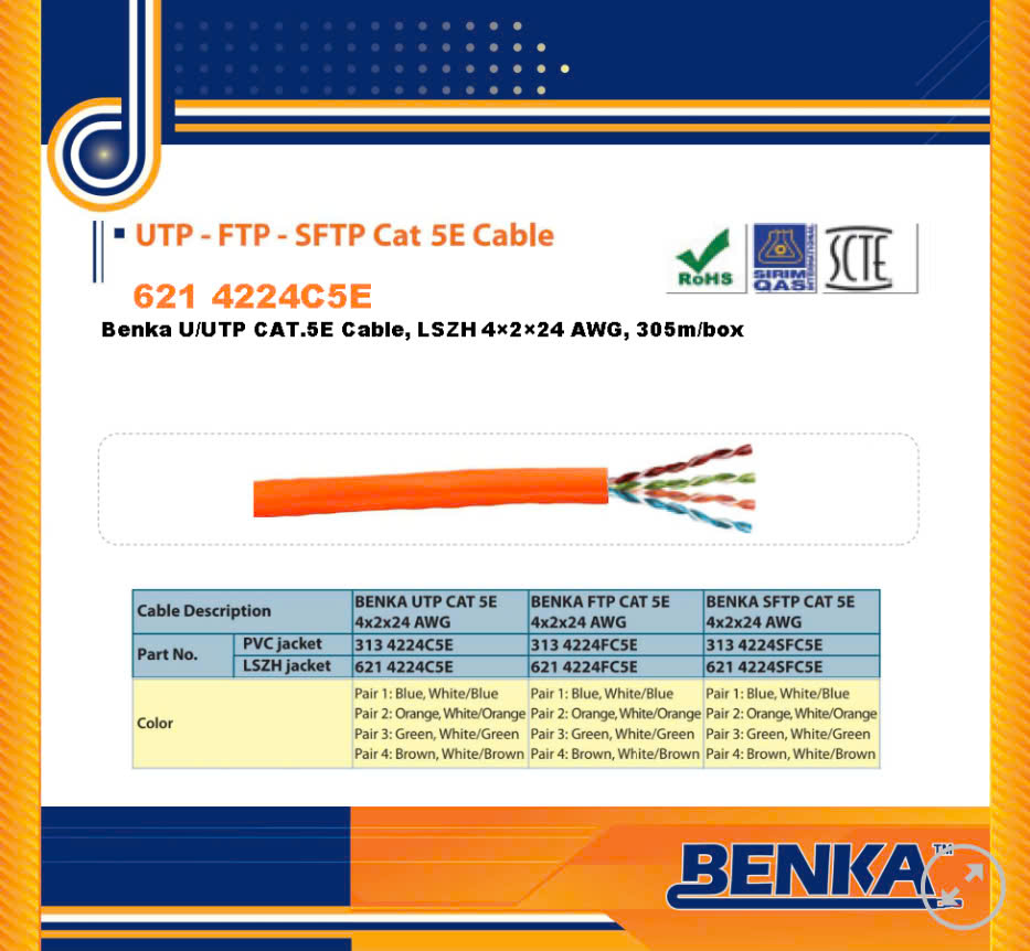 Benka Cáp mạng U/UTP Cat.5 LSZH 4×2×24AWG (621 4224C5E) Benka Cáp mạng U/UTP Cat.5 LSZH 4×2×24AWG (621 4224C5E)