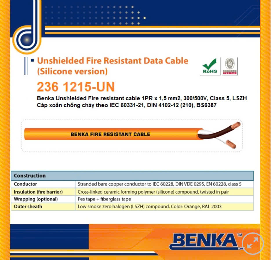 236 1215-UN Cáp tín hiệu Benka chống cháy 1PR x 1,5 mm2