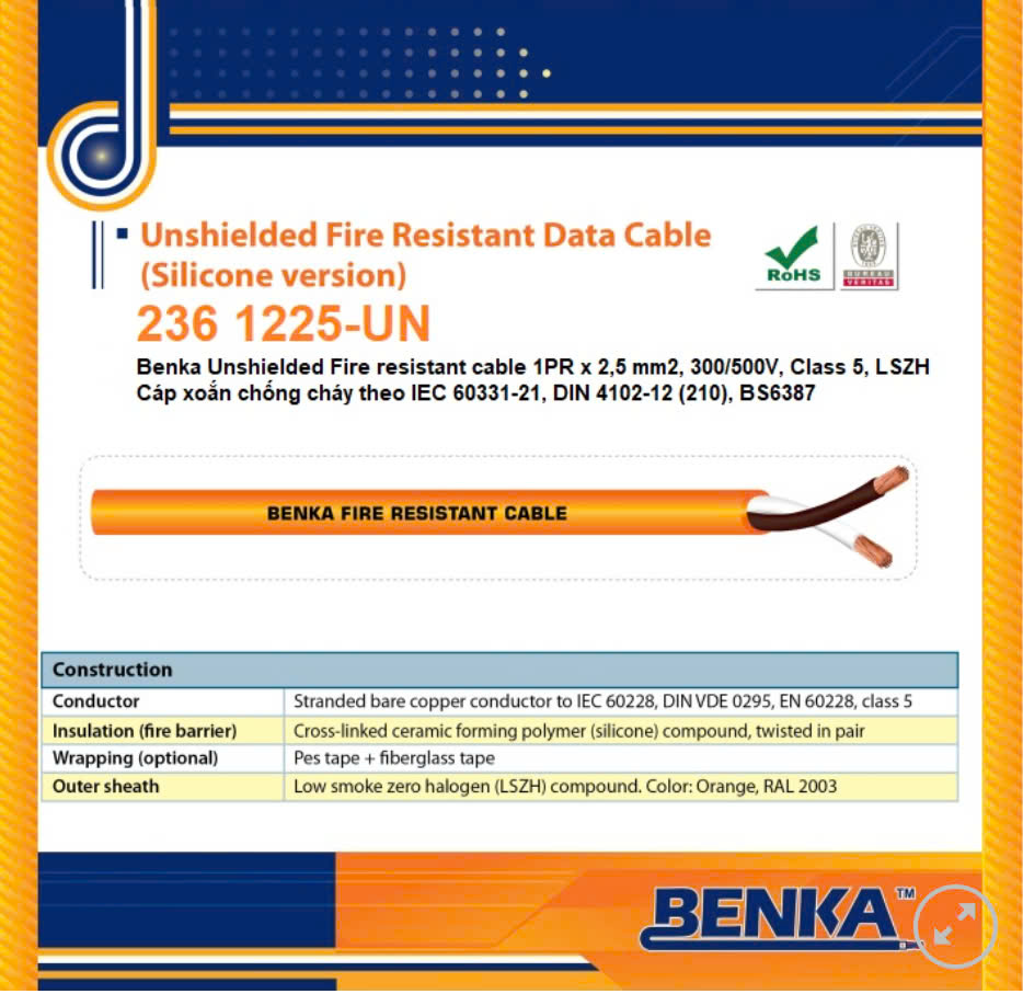 236 1225-UN Cáp tín hiệu Benka chống cháy 1PR x 2,5 mm2