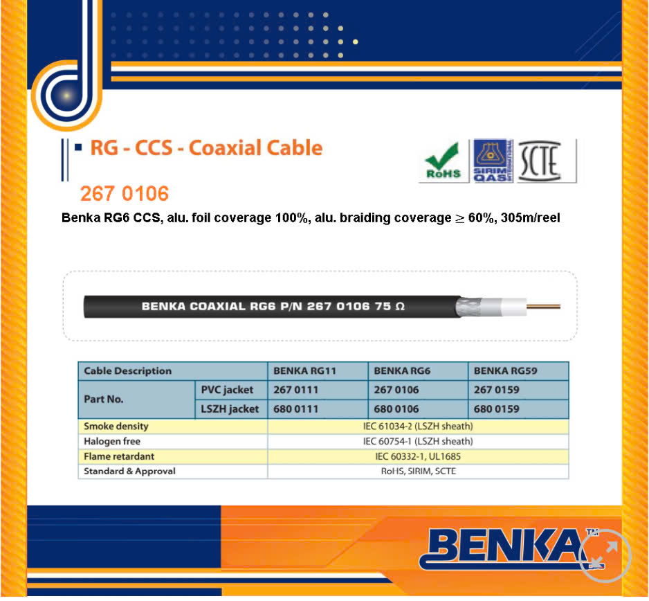 267 0106 Cáp đồng trục Benka RG6 CATV, CCTV, MATV 267 0106 Cáp đồng trục Benka RG6 CATV, CCTV, MATV
