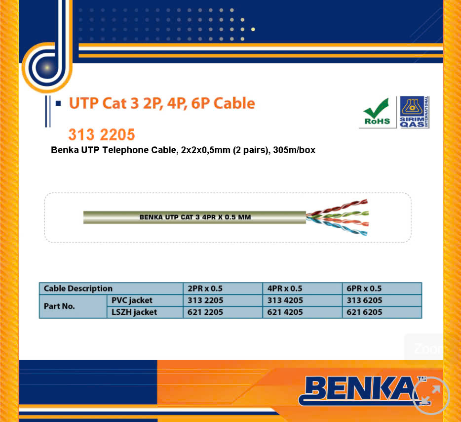 313 2205 Cáp thoại Benka UTP CAT.3 Cable 2×2×0.5mm 313 2205 Cáp thoại Benka UTP CAT.3 Cable 2×2×0.5mm