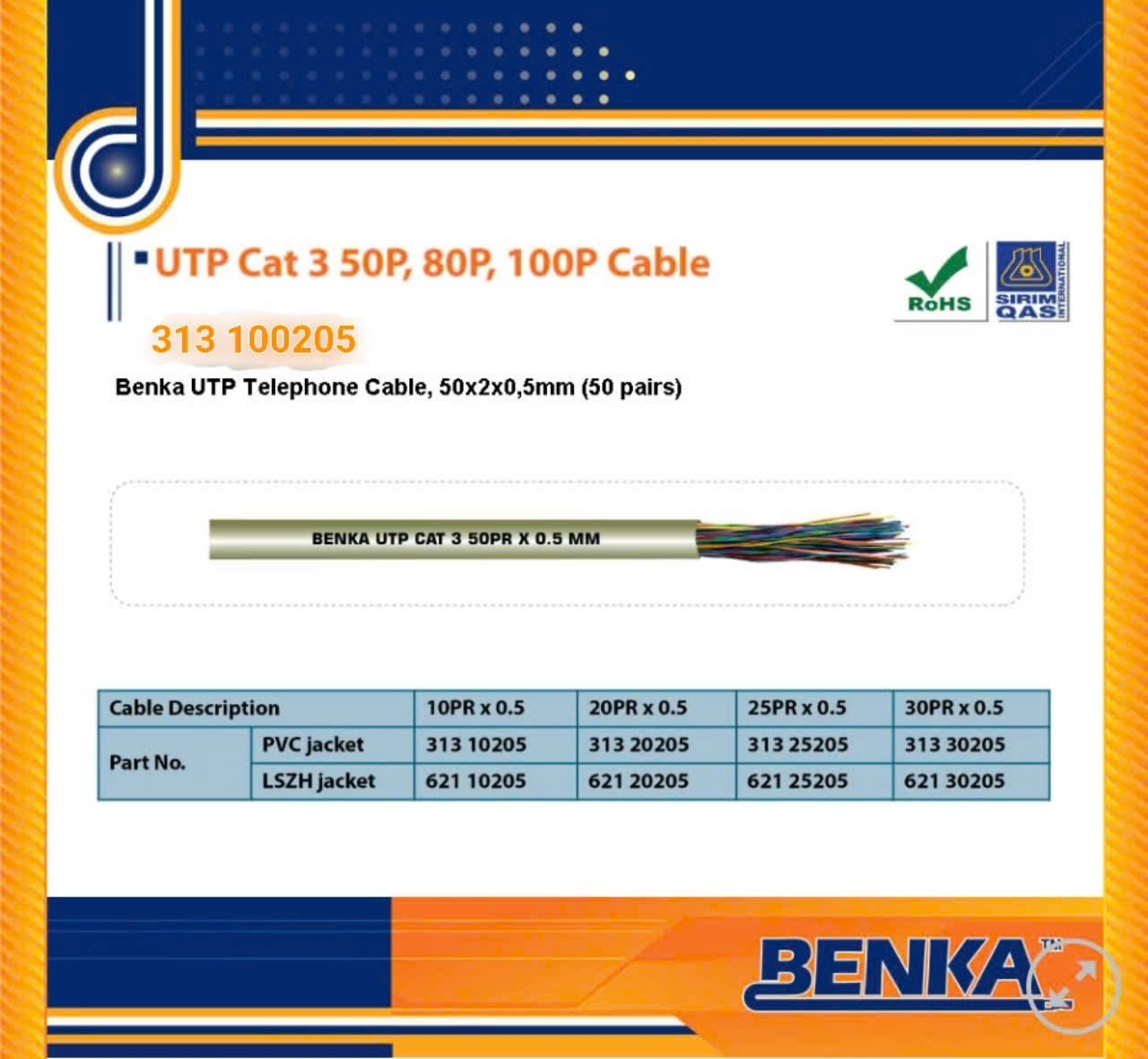 313 100205 Cáp Thoại Benka UTP CAT.3 Cable 100×2×0.5mm 313 100205 Cáp Thoại Benka UTP CAT.3 Cable 100×2×0.5mm