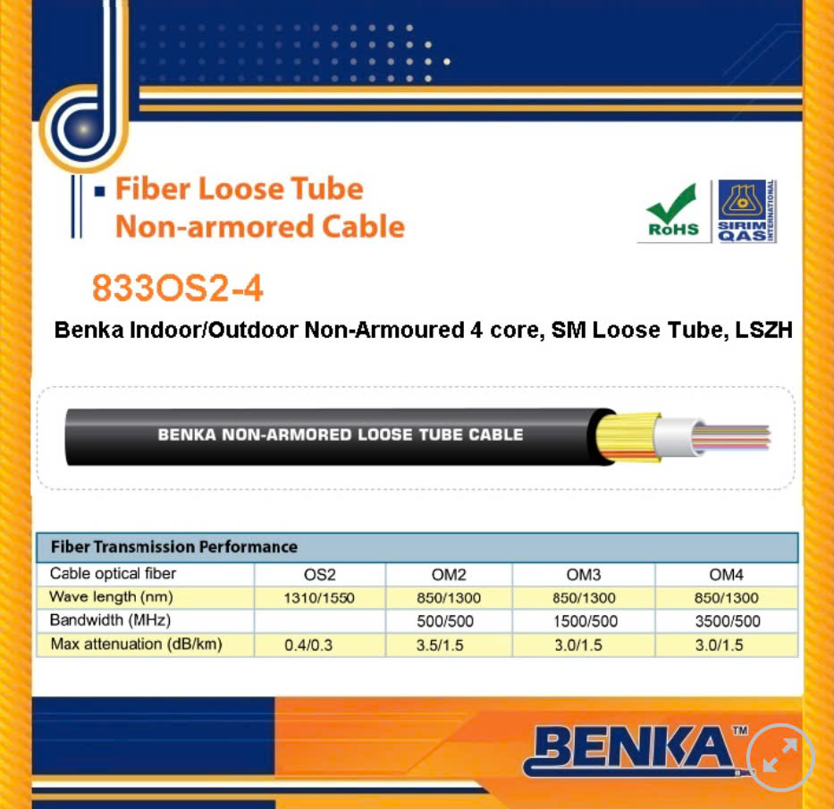 833OS2-4 Cáp Quang Benka Fiber Cables 4FO, SM OS2 LSZH 833OS2-4 Cáp Quang Benka Fiber Cables 4FO, SM OS2 LSZH