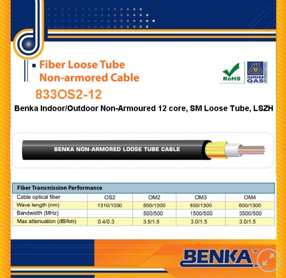 833OS2-12 Cáp Quang Benka Fiber Cables 12FO, SM OS2 LSZH 833OS2-12 Cáp Quang Benka Fiber Cables 12FO, SM OS2 LSZH