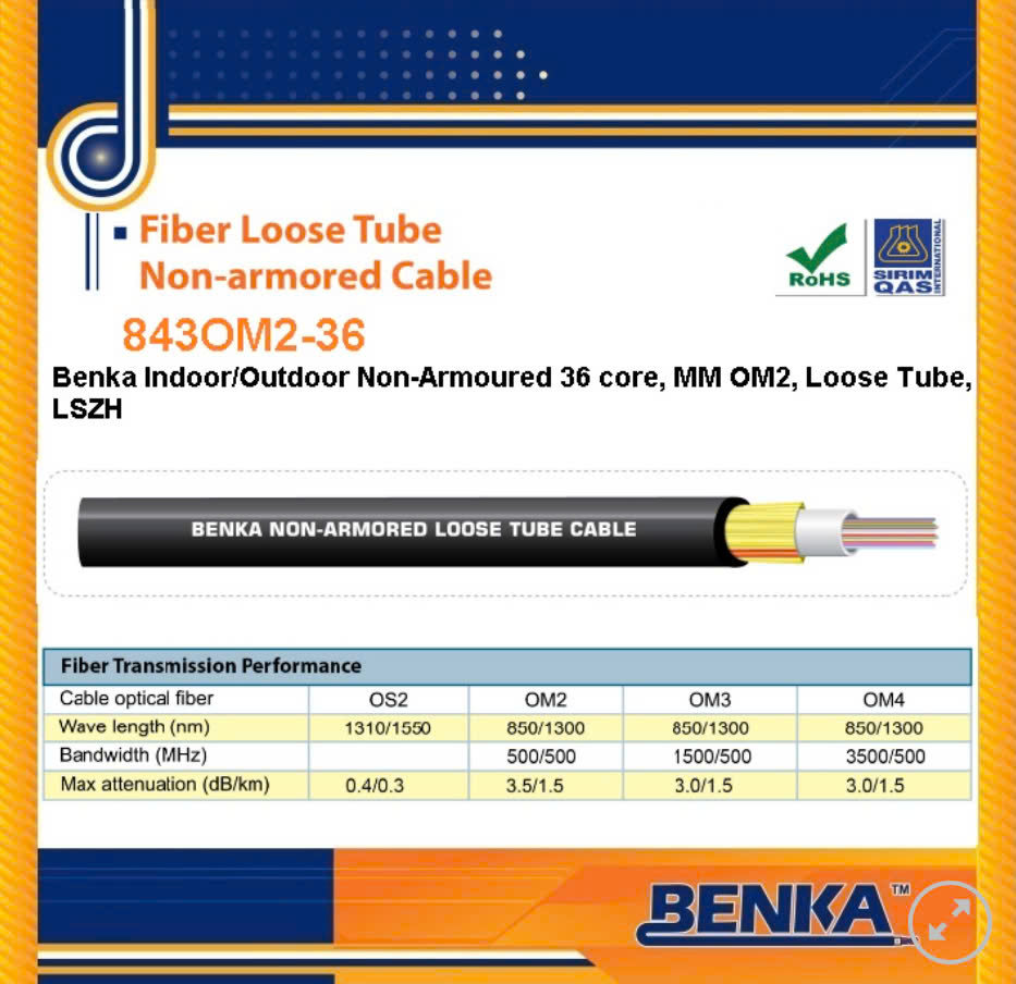 843OM2-36 Cáp Quang Benka Fiber Cables 36FO, MM OM2 LSZH 843OM2-36 Cáp Quang Benka Fiber Cables 36FO, MM OM2 LSZH