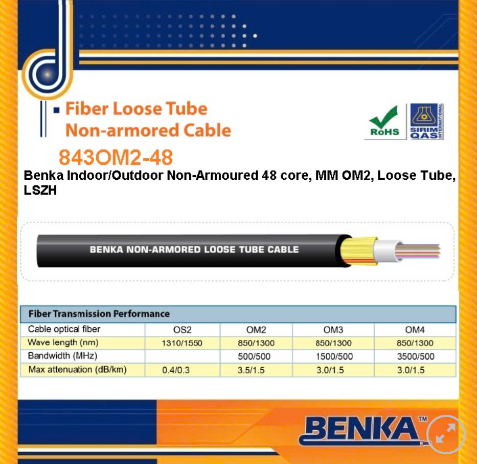 843OM2-48 Cáp Quang Benka Fiber Cables 48FO, MM OM2 LSZH 843OM2-48 Cáp Quang Benka Fiber Cables 48FO, MM OM2 LSZH