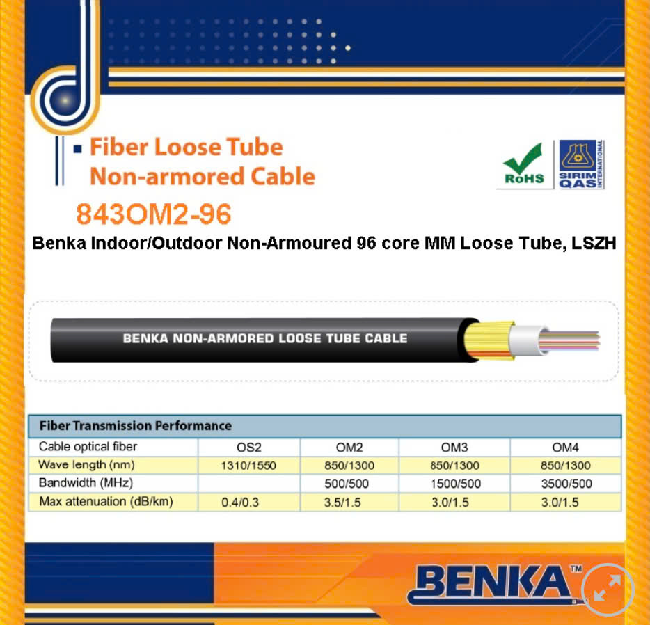 843OM2-96 Cáp Quang Benka Fiber Cables 96FO, MM OM2 LSZH 843OM2-96 Cáp Quang Benka Fiber Cables 96FO, MM OM2 LSZH