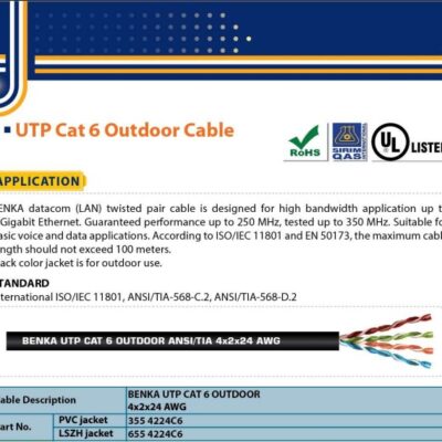 Cáp mạng Benka U/UTP CAT.6 4x2x24AWG Ngoài trời (355 4224C6)