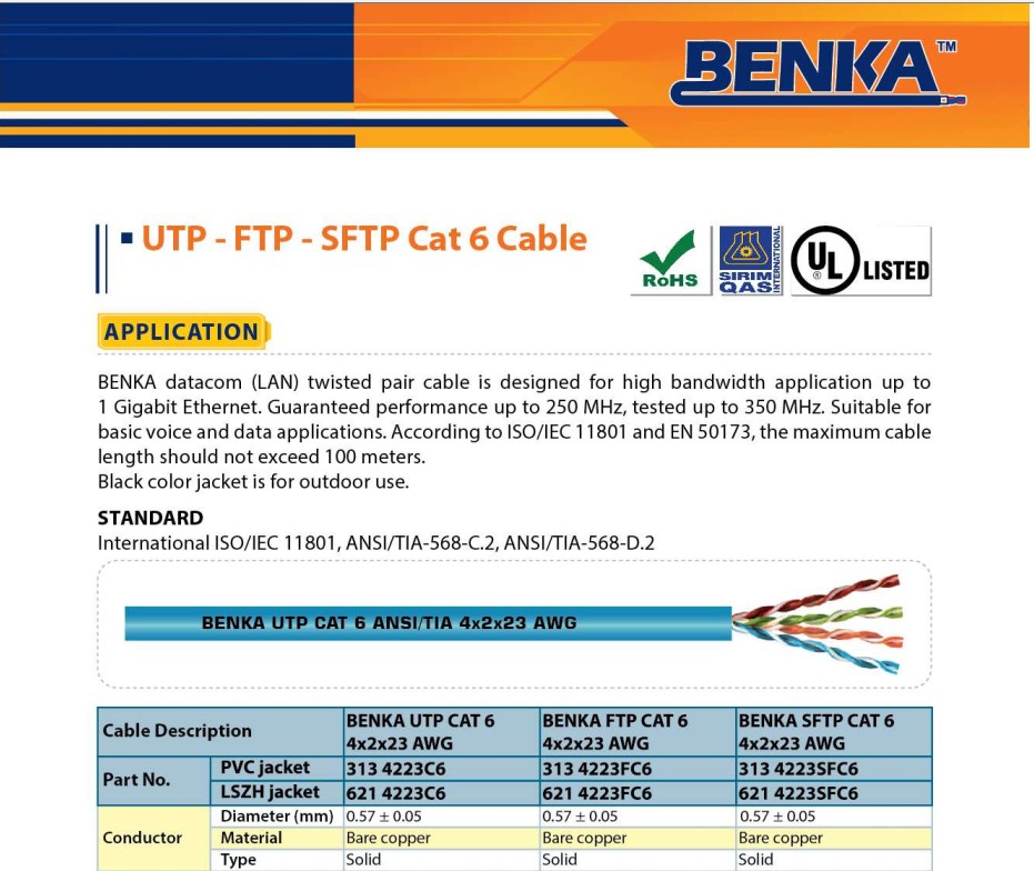 Cáp mạng Benka F/UTP CAT.6 4x2x23AWG (621 4223FC6) Cáp mạng Benka F/UTP CAT.6 4x2x23AWG (621 4223FC6)