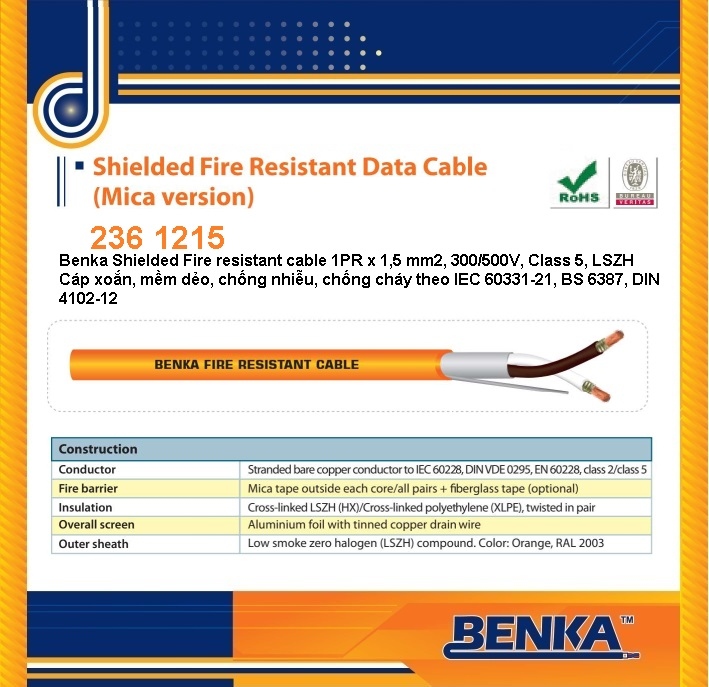 236 1215 Cáp Benka chống cháy, chống nhiễu Mica 1PR x 1,5mm2 236 1215 Cáp Benka chống cháy, chống nhiễu Mica 1PR x 1,5mm2