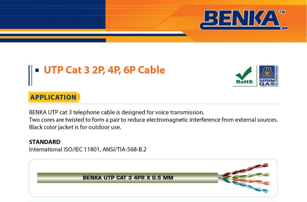 313 200205 Cáp Thoại Benka UTP CAT.3 Cable 200×2×0.5mm 313 200205 Cáp Thoại Benka UTP CAT.3 Cable 200×2×0.5mm